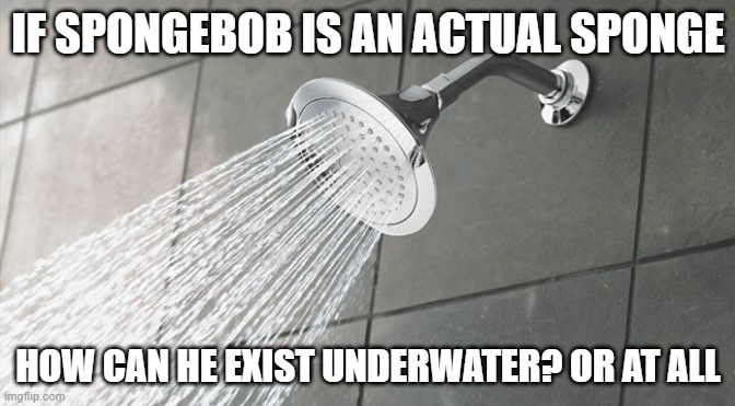 Sponge Bob | IF SPONGEBOB IS AN ACTUAL SPONGE; HOW CAN HE EXIST UNDERWATER? OR AT ALL | image tagged in shower thoughts,spongebob | made w/ Imgflip meme maker