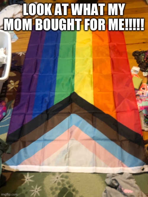 Also, my room is messy. Sue me | LOOK AT WHAT MY MOM BOUGHT FOR ME!!!!! | image tagged in lgbtq,lgbtq flag | made w/ Imgflip meme maker