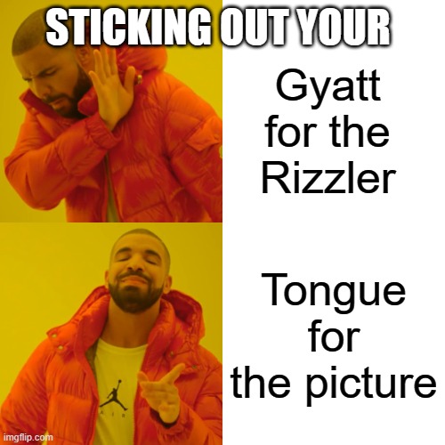 Sticking out your ________ song | STICKING OUT YOUR; Gyatt for the Rizzler; Tongue for the picture | image tagged in memes,drake hotline bling | made w/ Imgflip meme maker