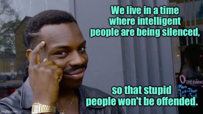 Living in a time | We live in a time where intelligent people are being silenced, so that stupid people won't be offended. | image tagged in roll safe think about it,intelligent people,are silenced,so stupid people,will not be offended,fun | made w/ Imgflip meme maker