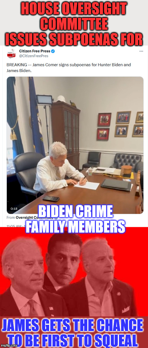 Biden Crime Family members get subpoenaed... | HOUSE OVERSIGHT COMMITTEE ISSUES SUBPOENAS FOR; BIDEN CRIME FAMILY MEMBERS; JAMES GETS THE CHANCE TO BE FIRST TO SQUEAL | image tagged in biden,crime,family,congress,investigation,hearing | made w/ Imgflip meme maker