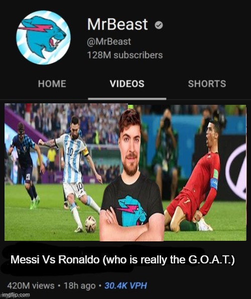 MrBeast thumbnail template | Messi Vs Ronaldo (who is really the G.O.A.T.) | image tagged in mrbeast thumbnail template | made w/ Imgflip meme maker