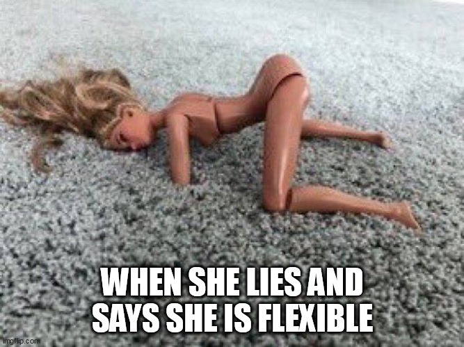 when she lies and says she is flexible | WHEN SHE LIES AND SAYS SHE IS FLEXIBLE | image tagged in barbie,funny,flexible,girlfriend,wife,hookup | made w/ Imgflip meme maker