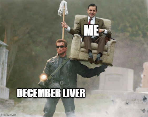 December Liver | ME; DECEMBER LIVER | image tagged in arnold schwarzenegger mr bean | made w/ Imgflip meme maker