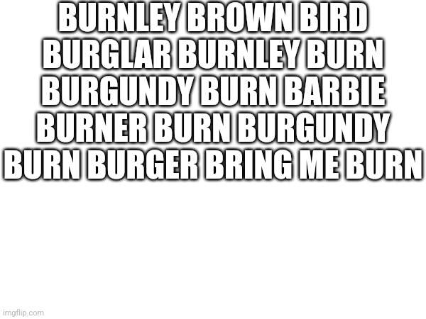 Bring me Burger | BURNLEY BROWN BIRD BURGLAR BURNLEY BURN BURGUNDY BURN BARBIE BURNER BURN BURGUNDY BURN BURGER BRING ME BURN | made w/ Imgflip meme maker