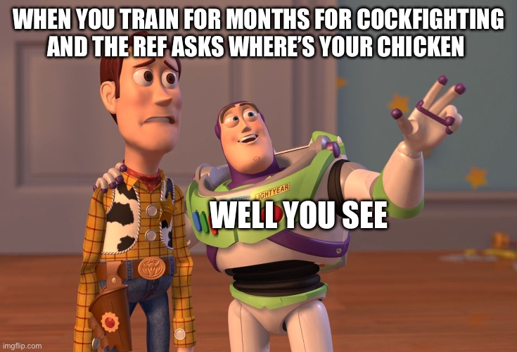X, X Everywhere | WHEN YOU TRAIN FOR MONTHS FOR COCKFIGHTING AND THE REF ASKS WHERE’S YOUR CHICKEN; WELL YOU SEE | image tagged in memes,x x everywhere | made w/ Imgflip meme maker