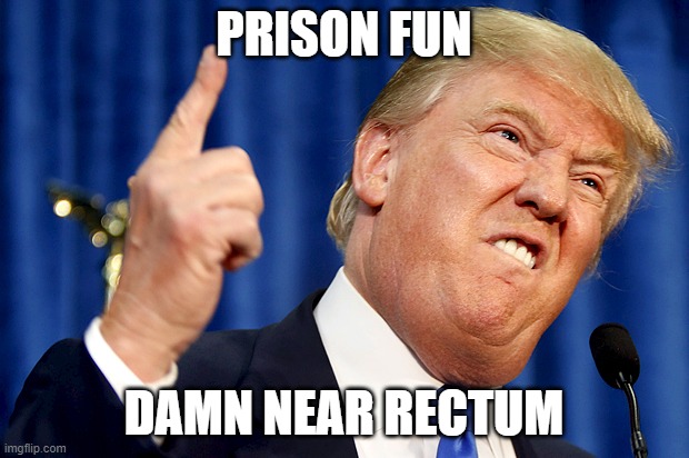 Donald in Prison | PRISON FUN; DAMN NEAR RECTUM | image tagged in donald trump | made w/ Imgflip meme maker