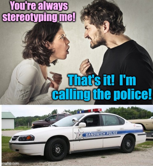 When the sandwich maker is on the fritz... | You're always stereotyping me! That's it!  I'm calling the police! | image tagged in couple fight,stereotypes,make me a sandwich,woman,sandwich,police | made w/ Imgflip meme maker