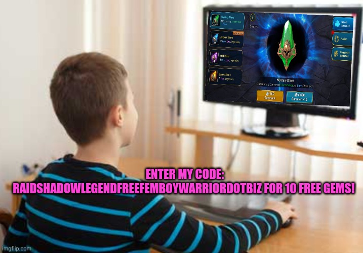 This meme was brough to you today by raid shadow legends | ENTER MY CODE: RAIDSHADOWLEGENDFREEFEMBOYWARRIORDOTBIZ FOR 10 FREE GEMS! | image tagged in raid shadow legends champion chase,raid shadow legends | made w/ Imgflip meme maker