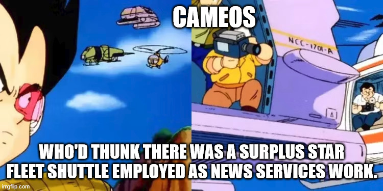 Surplus Spacecraft | CAMEOS; WHO'D THUNK THERE WAS A SURPLUS STAR FLEET SHUTTLE EMPLOYED AS NEWS SERVICES WORK. | image tagged in star trek,scifi meme,memes | made w/ Imgflip meme maker