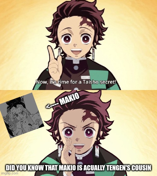 a Taisho secret | <---- MAKIO; DID YOU KNOW THAT MAKIO IS ACUALLY TENGEN'S COUSIN | image tagged in taisho secret | made w/ Imgflip meme maker