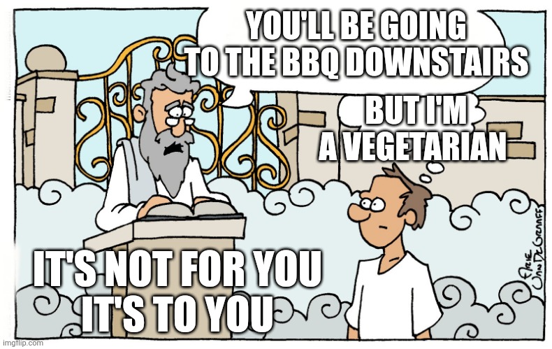 Saint Peter | YOU'LL BE GOING TO THE BBQ DOWNSTAIRS; BUT I'M A VEGETARIAN; IT'S NOT FOR YOU
IT'S TO YOU | image tagged in saint peter | made w/ Imgflip meme maker