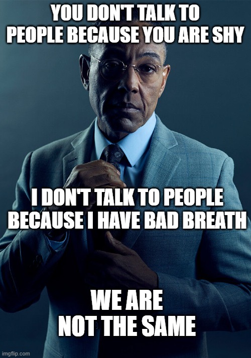 This only applies to people who don't talk to other people?????? | YOU DON'T TALK TO PEOPLE BECAUSE YOU ARE SHY; I DON'T TALK TO PEOPLE BECAUSE I HAVE BAD BREATH; WE ARE NOT THE SAME | image tagged in gus fring we are not the same,we are not the same,memes | made w/ Imgflip meme maker