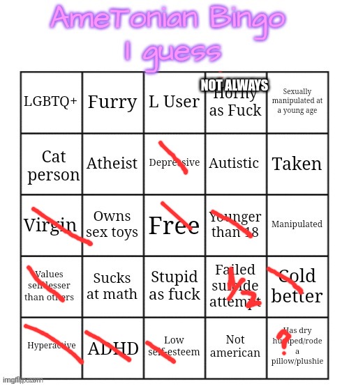 AmeTonian Bingo | NOT ALWAYS | image tagged in ametonian bingo | made w/ Imgflip meme maker