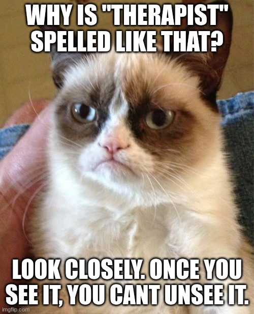 . | WHY IS "THERAPIST" SPELLED LIKE THAT? LOOK CLOSELY. ONCE YOU SEE IT, YOU CANT UNSEE IT. | image tagged in memes,grumpy cat | made w/ Imgflip meme maker