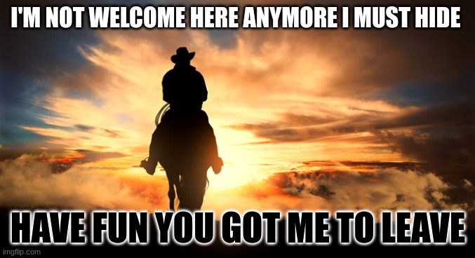 bye | I'M NOT WELCOME HERE ANYMORE I MUST HIDE; HAVE FUN YOU GOT ME TO LEAVE | image tagged in bye | made w/ Imgflip meme maker