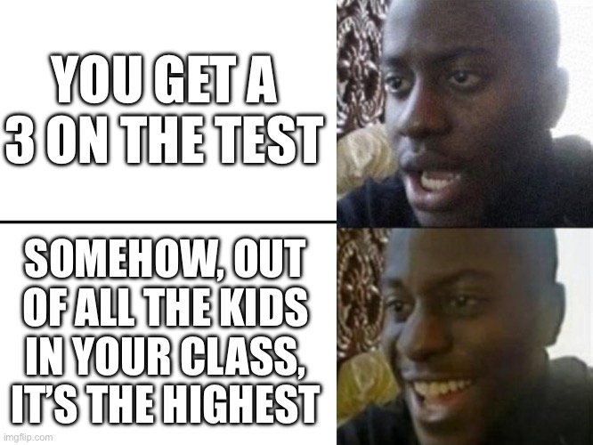 Reversed Disappointed Black Man | YOU GET A 3 ON THE TEST; SOMEHOW, OUT OF ALL THE KIDS IN YOUR CLASS, IT’S THE HIGHEST | image tagged in reversed disappointed black man | made w/ Imgflip meme maker