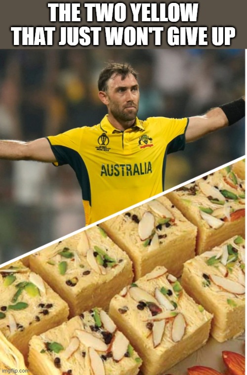 Maxwell | THE TWO YELLOW THAT JUST WON'T GIVE UP | image tagged in maxwell,soan papdi,world cup,australia | made w/ Imgflip meme maker