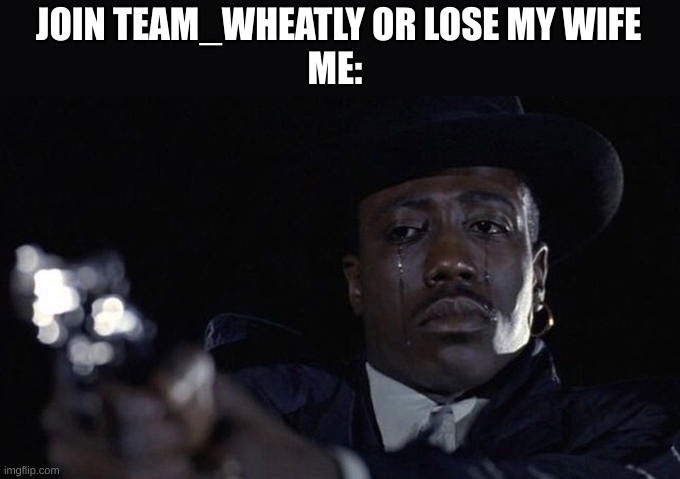 itd rather lose her than to ever join a team that only has one member. and no supporters. and also are scumbags. | JOIN TEAM_WHEATLY OR LOSE MY WIFE
ME: | image tagged in war,what_are_you sucks,memes,team morshu,team wheatley sucks | made w/ Imgflip meme maker