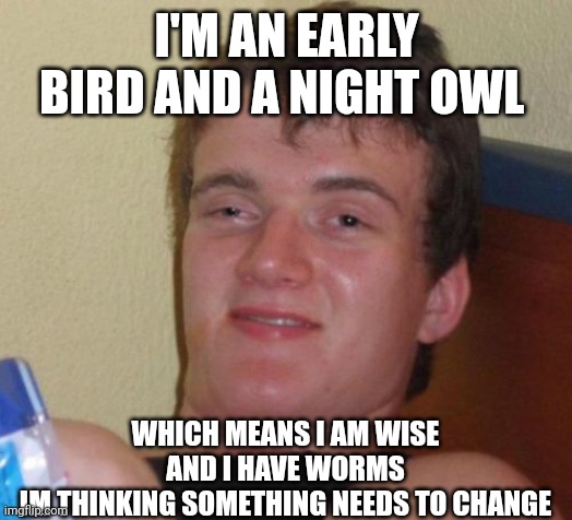 10 Guy Meme | I'M AN EARLY BIRD AND A NIGHT OWL; WHICH MEANS I AM WISE AND I HAVE WORMS
IM THINKING SOMETHING NEEDS TO CHANGE | image tagged in memes,10 guy | made w/ Imgflip meme maker