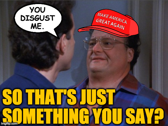 Seinfeld Intimidation | SO THAT'S JUST
SOMETHING YOU SAY? YOU
DISGUST
ME. | image tagged in seinfeld intimidation | made w/ Imgflip meme maker