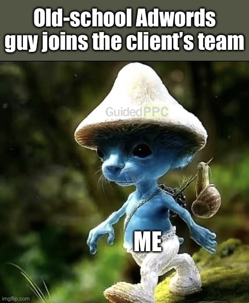Old school adwords guy vs me | Old-school Adwords guy joins the client’s team; ME | image tagged in blue smurf cat,google,google ads,memes,funny memes | made w/ Imgflip meme maker