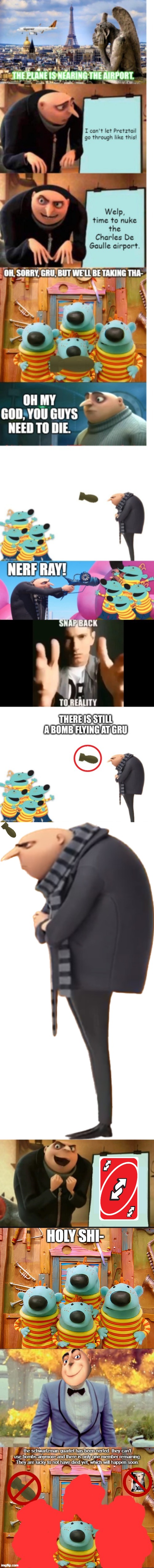 The "Snap Back To Reality" card is WAY overpowered, but luckily, Team Wheatley knows how to cope with it. | HOLY SHI- | image tagged in despicable me gru,5 panel gru meme,schwartzman quartet | made w/ Imgflip meme maker