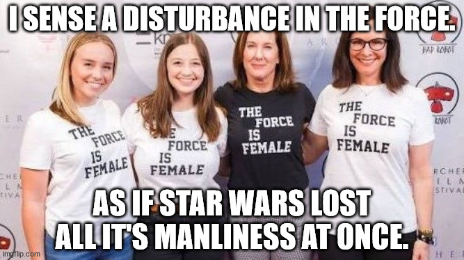 Disturbance in the Force | I SENSE A DISTURBANCE IN THE FORCE. AS IF STAR WARS LOST ALL IT'S MANLINESS AT ONCE. | image tagged in the force is female,manliness,lost,feminism,dead,story group | made w/ Imgflip meme maker