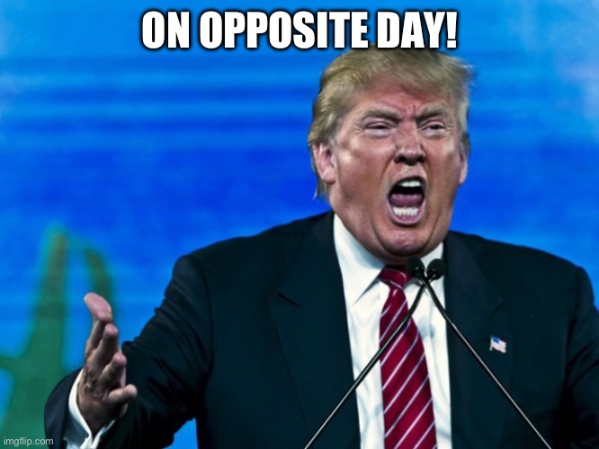trump yelling | ON OPPOSITE DAY! | image tagged in trump yelling | made w/ Imgflip meme maker
