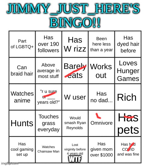 WTF | image tagged in jimmy_just_here's bingo | made w/ Imgflip meme maker