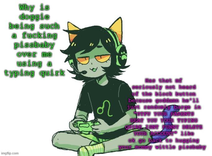 Nepeta gaming | Has that mf seriously not heard of the block button because goddamn he'll just randomly barge in "STFU YOUR PARENTS BEAT YOU YOUR TYPING QUIRK ISNT FUNNY DELETE YOUR ACCOUNT" like ok go back to hugging your mommy wittle pissbaby; Why is doggie being such a fucking pissbaby over me using a typing quirk | image tagged in nepeta gaming | made w/ Imgflip meme maker