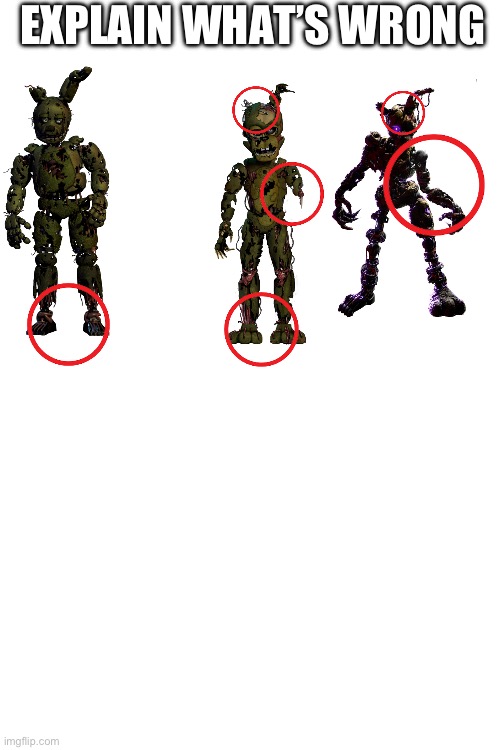 Explanation imgflip | EXPLAIN WHAT’S WRONG | image tagged in fnaf,burntrap,scraptrap,springtrap | made w/ Imgflip meme maker