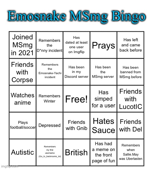 High Quality Emosnake MSmg Bingo Blank Meme Template