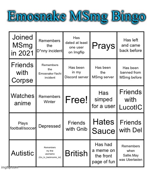 https://imgflip.com/memegenerator/492876996/Emosnake-MSmg-Bingo | image tagged in emosnake msmg bingo | made w/ Imgflip meme maker