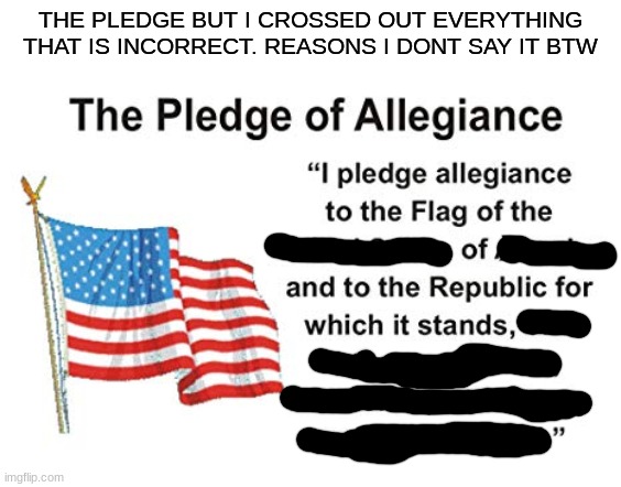 Doesn't sound good when you say " I pledge allegiance to the Republic" now does it | THE PLEDGE BUT I CROSSED OUT EVERYTHING THAT IS INCORRECT. REASONS I DONT SAY IT BTW | image tagged in indoctrination,government corruption | made w/ Imgflip meme maker