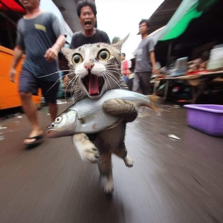 High Quality runaway cat with fish Blank Meme Template