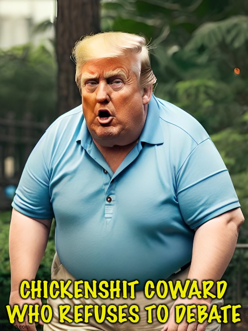 Pump the chickenshit out of Trump and you'd be able to bury him in a matchbox. | CHICKENSHIT COWARD WHO REFUSES TO DEBATE | image tagged in stupid fat trump | made w/ Imgflip meme maker