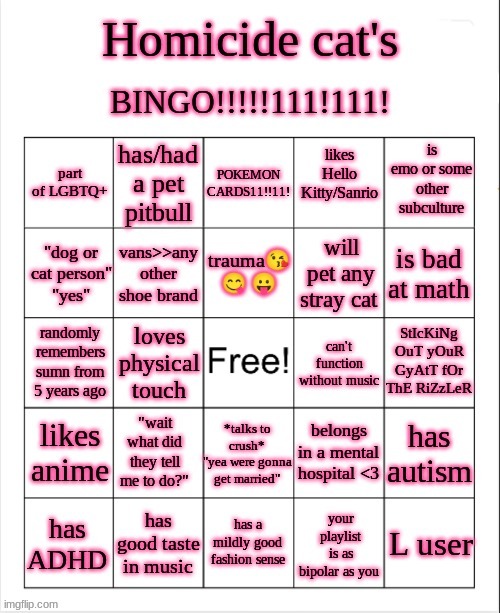 made a bingo cause im bored | image tagged in homicide-cat's bingo | made w/ Imgflip meme maker
