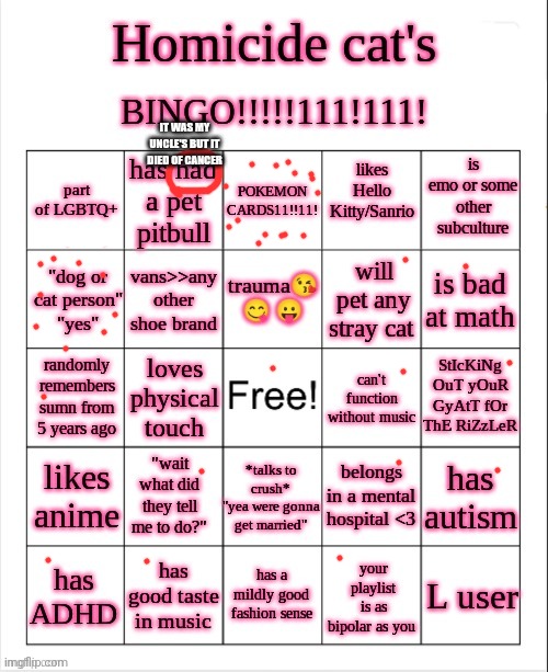 Homicide-Cat's bingo | IT WAS MY UNCLE'S BUT IT DIED OF CANCER | image tagged in homicide-cat's bingo | made w/ Imgflip meme maker