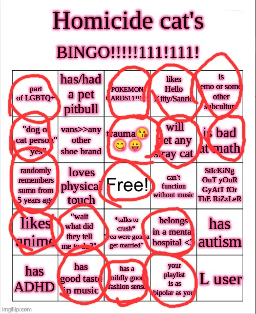 Homicide-Cat's bingo | image tagged in homicide-cat's bingo | made w/ Imgflip meme maker