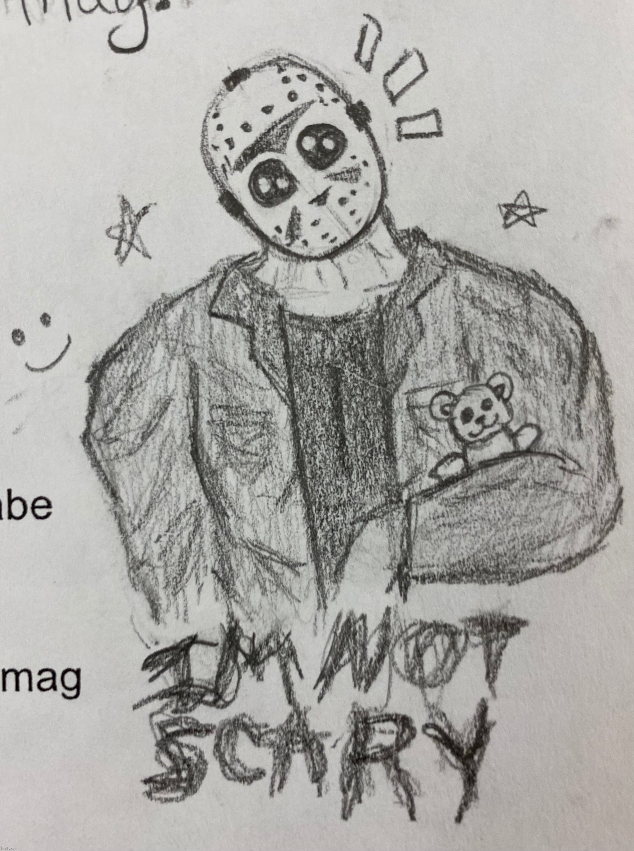 I always draw horrifying sht on my german homework so i drew this to reassure my teacher hehe | image tagged in drawing,jason voorhees,friday the 13th,i dont have an obsession,totally | made w/ Imgflip meme maker
