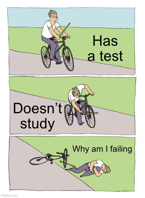 True.png | Has a test; Doesn’t study; Why am I failing | image tagged in memes,bike fall | made w/ Imgflip meme maker