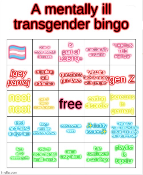 a mentally ill transgender bingo | image tagged in a mentally ill transgender bingo | made w/ Imgflip meme maker