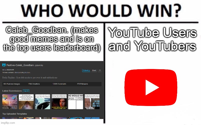 Heyo YouTuber battles pt. 4 and a half | Caleb_Goodban. (makes good memes and is on the top users leaderboard); YouTube Users and YouTubers | image tagged in memes,who would win,youtube,imgflip users | made w/ Imgflip meme maker