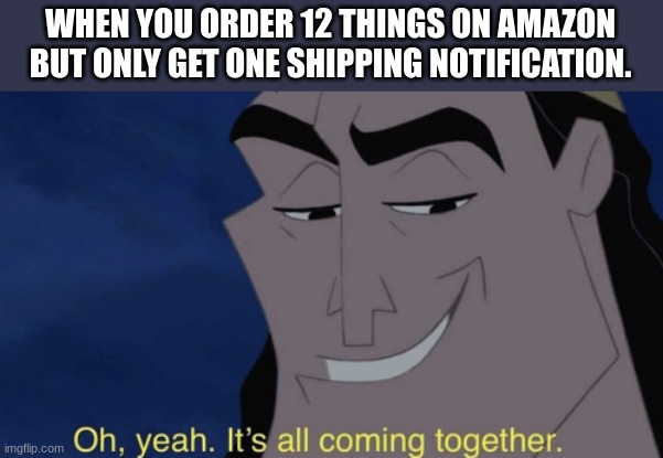It's all coming together | WHEN YOU ORDER 12 THINGS ON AMAZON BUT ONLY GET ONE SHIPPING NOTIFICATION. | image tagged in it's all coming together | made w/ Imgflip meme maker
