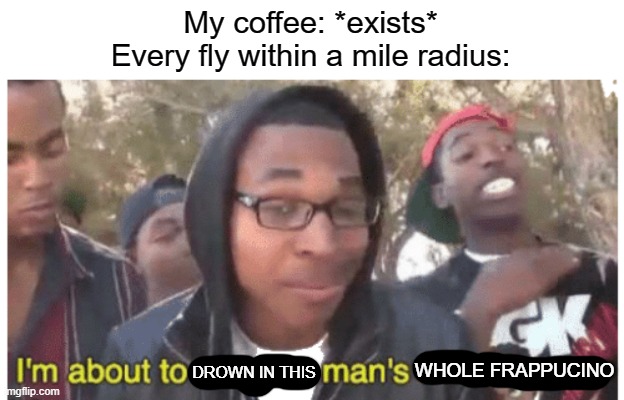 i'm gonna end this man's whole career | My coffee: *exists*
Every fly within a mile radius:; WHOLE FRAPPUCINO; DROWN IN THIS | image tagged in i'm gonna end this man's whole career | made w/ Imgflip meme maker