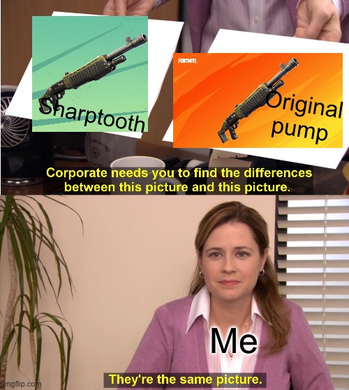 Bru | Sharptooth; Original pump; Me | image tagged in memes,they're the same picture | made w/ Imgflip meme maker