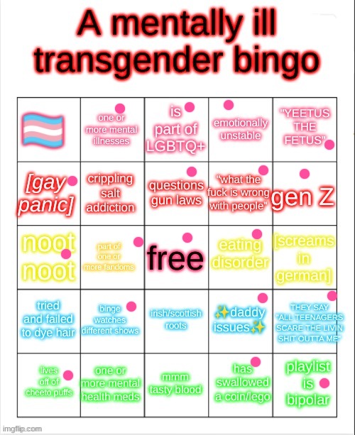 a mentally ill transgender bingo | image tagged in a mentally ill transgender bingo | made w/ Imgflip meme maker