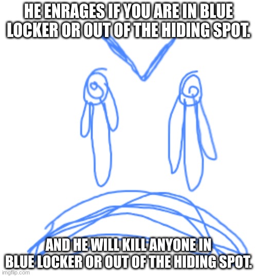 Enraged A-800 | HE ENRAGES IF YOU ARE IN BLUE LOCKER OR OUT OF THE HIDING SPOT. AND HE WILL KILL ANYONE IN BLUE LOCKER OR OUT OF THE HIDING SPOT. | image tagged in angry,meme,overview | made w/ Imgflip meme maker
