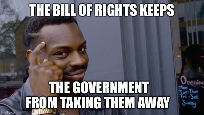 Roll Safe Think About It Meme | THE BILL OF RIGHTS KEEPS THE GOVERNMENT FROM TAKING THEM AWAY | image tagged in memes,roll safe think about it | made w/ Imgflip meme maker